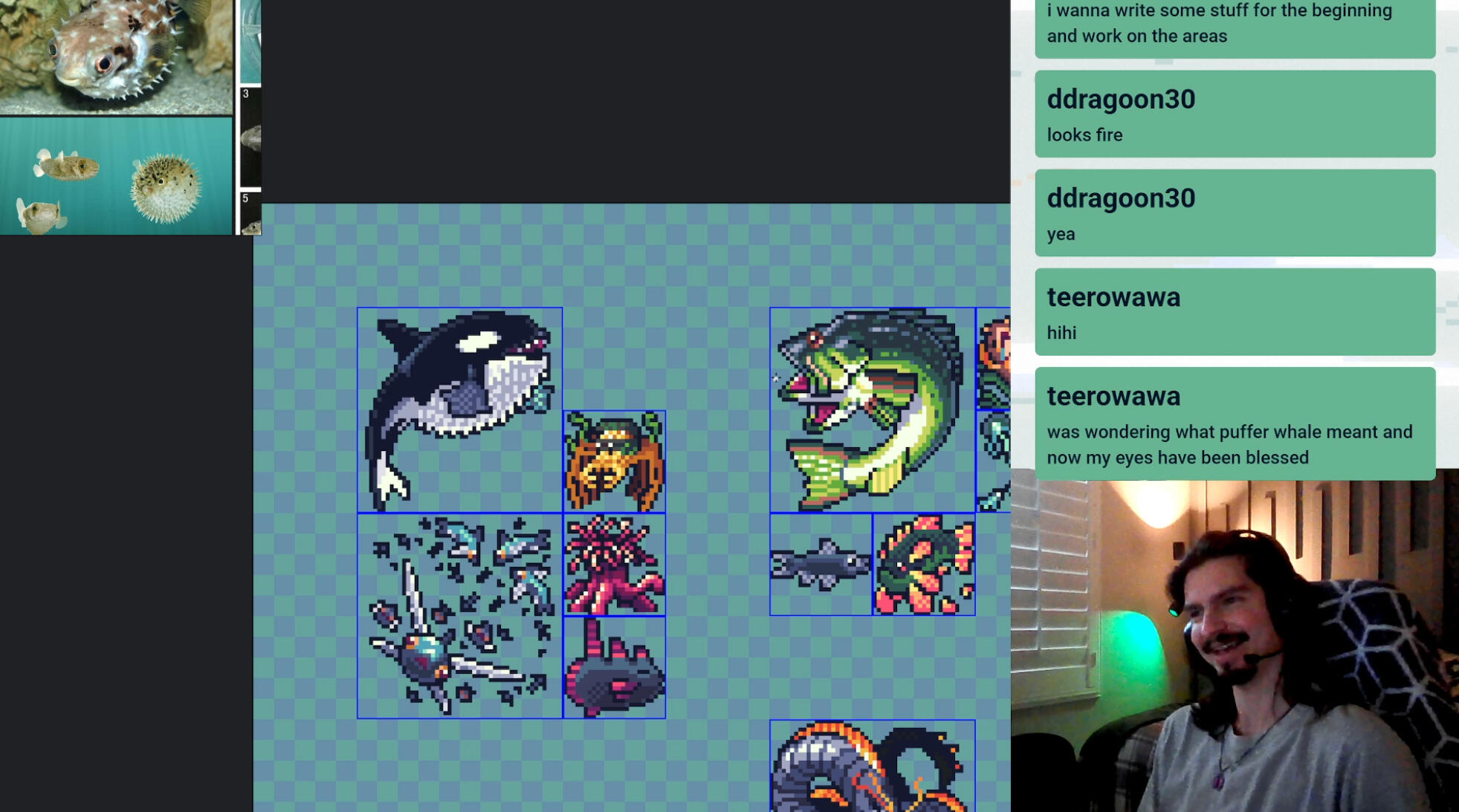 A screenshot from Mootabisque's art livestream featuring a variety of different fish sprites.